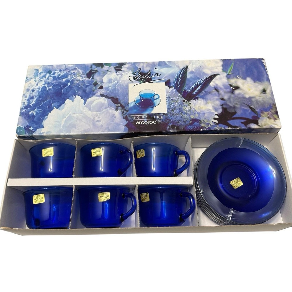 Arcoroc Saphir Cobalt Blue Glass Cup Saucer Set 12 Pc NOS France 1992 Box Vintag